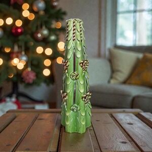 Vintage Large‎ 14.5" Christmas Hand Carved Candle Green Tree Candy Cane Wax 70's